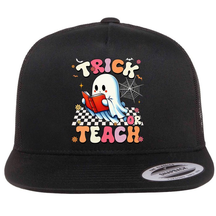 Teacher Halloween Retro Trick Or Teach Floral Ghost Flat Bill Trucker Hat