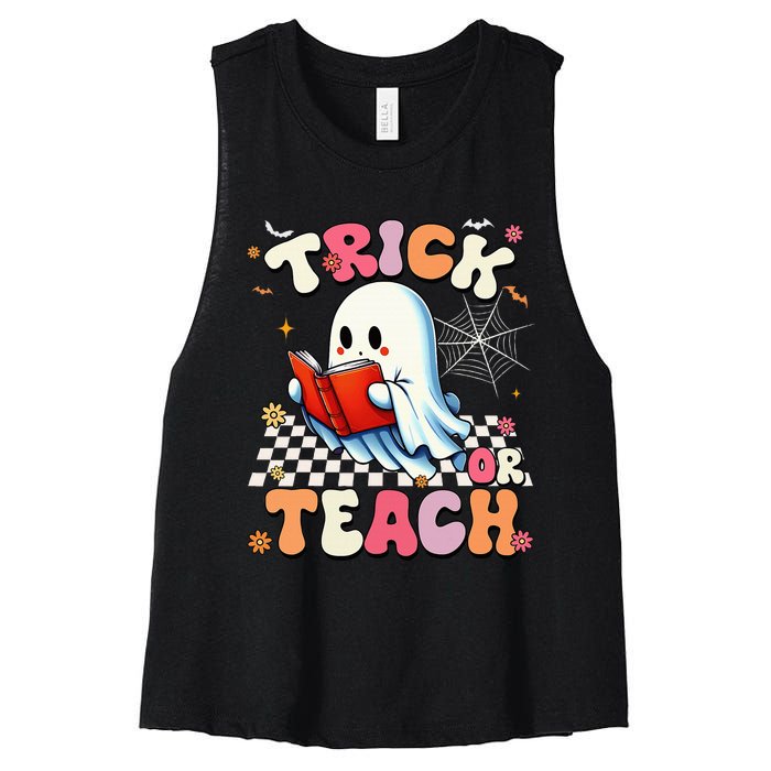 Teacher Halloween Retro Trick Or Teach Floral Ghost Women's Racerback Cropped Tank