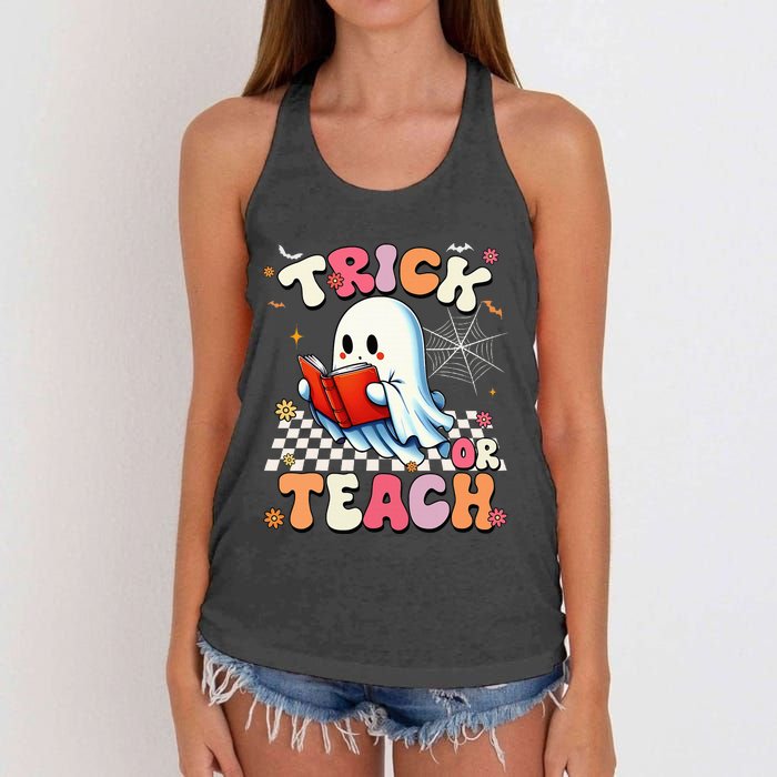 Teacher Halloween Retro Trick Or Teach Floral Ghost Women's Knotted Racerback Tank