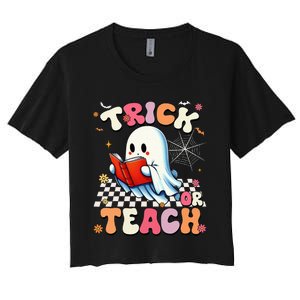 Teacher Halloween Retro Trick Or Teach Floral Ghost Women's Crop Top Tee