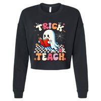 Teacher Halloween Retro Trick Or Teach Floral Ghost Cropped Pullover Crew