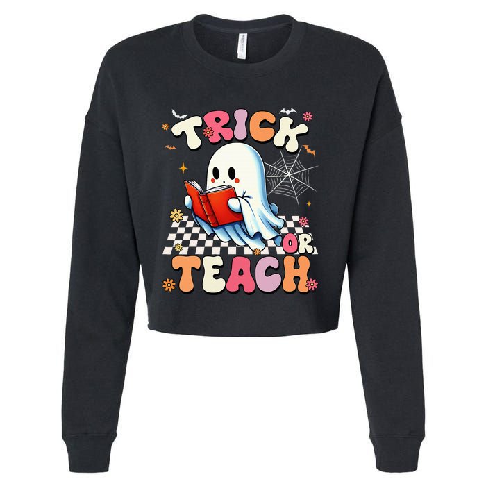 Teacher Halloween Retro Trick Or Teach Floral Ghost Cropped Pullover Crew