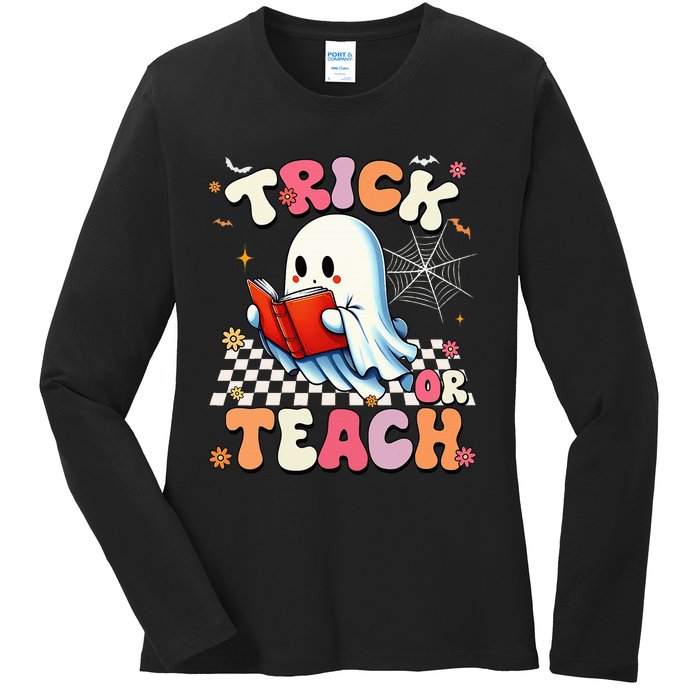 Teacher Halloween Retro Trick Or Teach Floral Ghost Ladies Long Sleeve Shirt