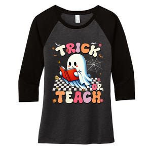 Teacher Halloween Retro Trick Or Teach Floral Ghost Women's Tri-Blend 3/4-Sleeve Raglan Shirt