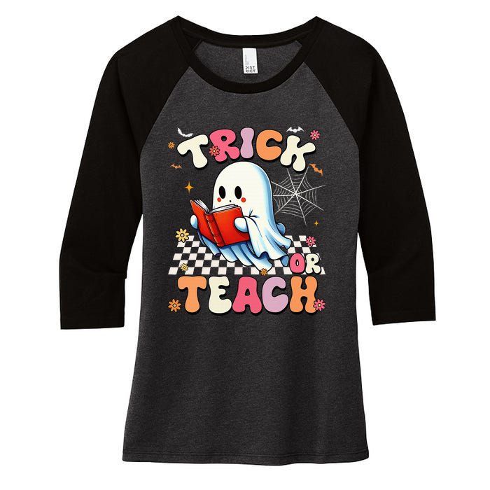 Teacher Halloween Retro Trick Or Teach Floral Ghost Women's Tri-Blend 3/4-Sleeve Raglan Shirt