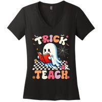 Teacher Halloween Retro Trick Or Teach Floral Ghost Women's V-Neck T-Shirt