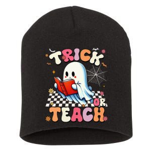 Teacher Halloween Retro Trick Or Teach Floral Ghost Short Acrylic Beanie