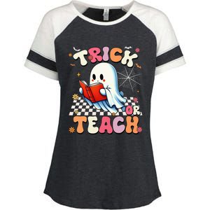 Teacher Halloween Retro Trick Or Teach Floral Ghost Enza Ladies Jersey Colorblock Tee