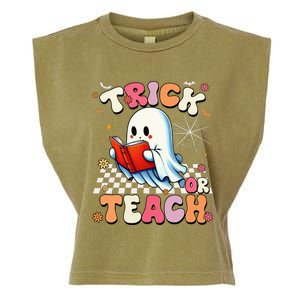 Teacher Halloween Retro Trick Or Teach Floral Ghost Garment-Dyed Women's Muscle Tee