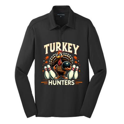 Turkey Hunters Retro Thanksgiving Bowling Lovers Silk Touch Performance Long Sleeve Polo