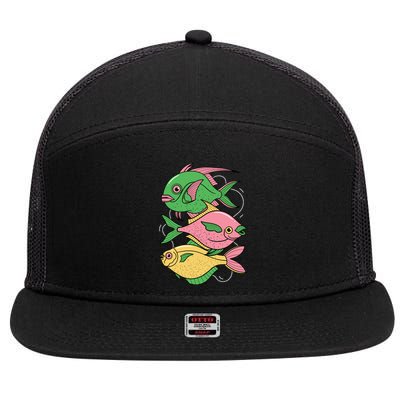 Three Colorful Fishes 7 Panel Mesh Trucker Snapback Hat