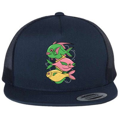 Three Colorful Fishes Flat Bill Trucker Hat