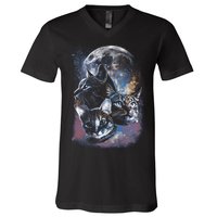 Three Moon Space Cats V-Neck T-Shirt