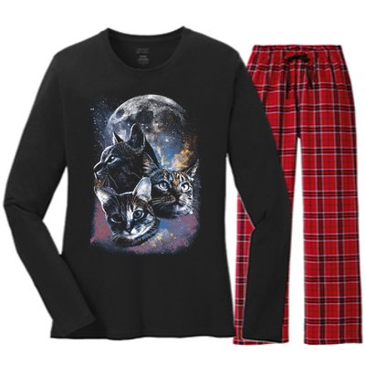 Three Moon Space Cats Women's Long Sleeve Flannel Pajama Set 