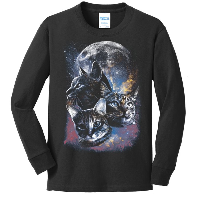 Three Moon Space Cats Kids Long Sleeve Shirt