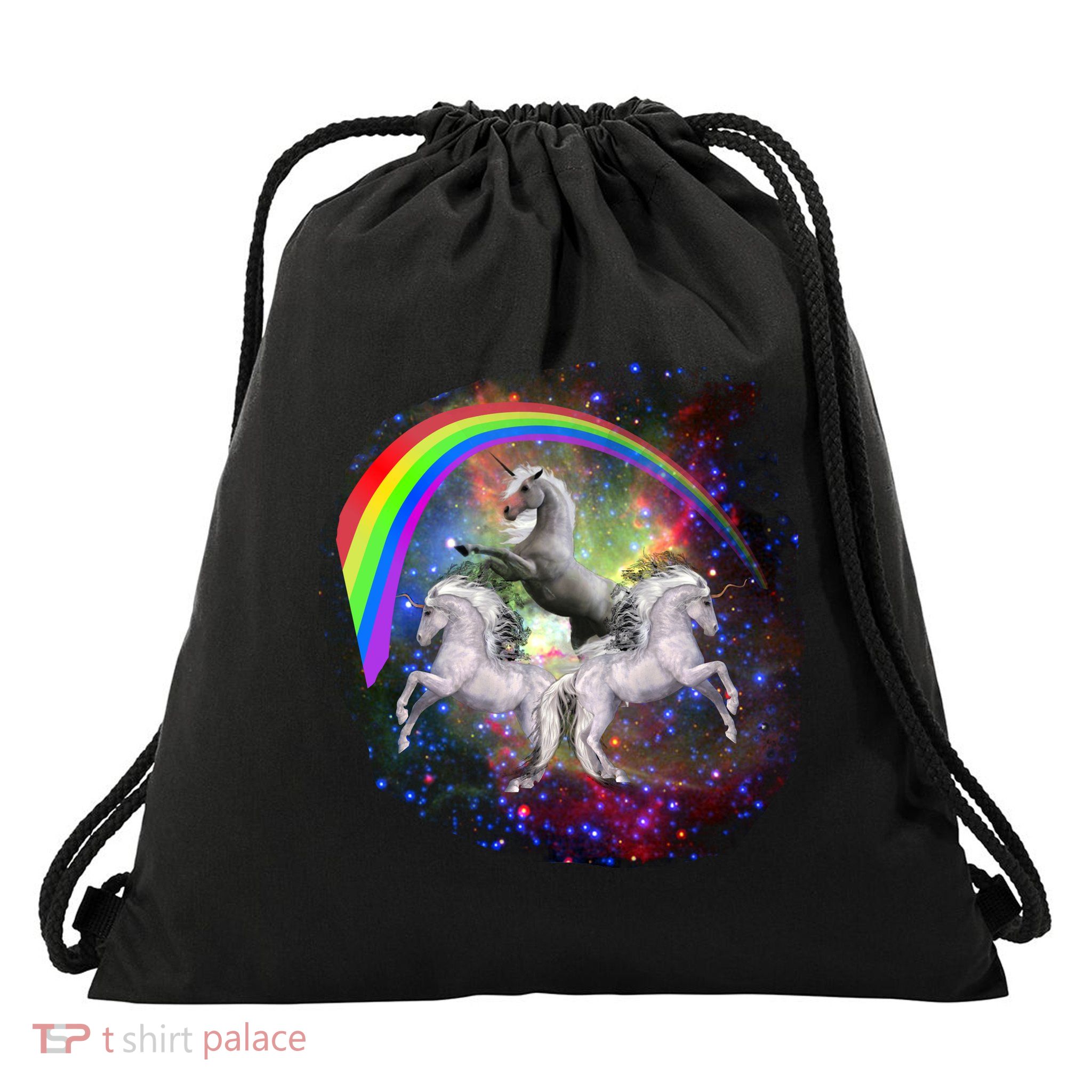 Three Unicorns Rainbow Drawstring Bag