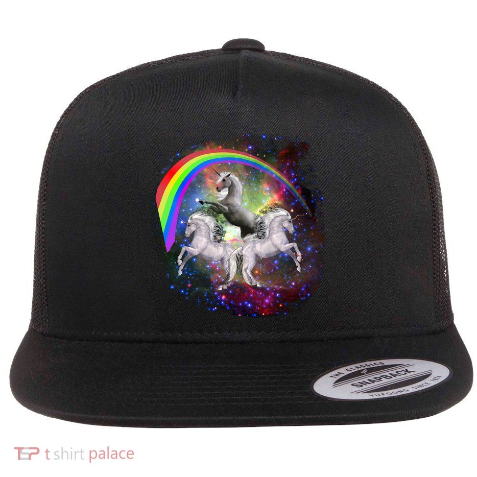 Three Unicorns Rainbow Flat Bill Trucker Hat