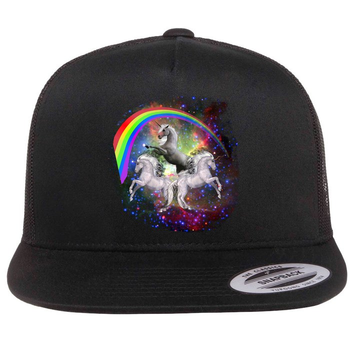 Three Unicorns Rainbow Flat Bill Trucker Hat