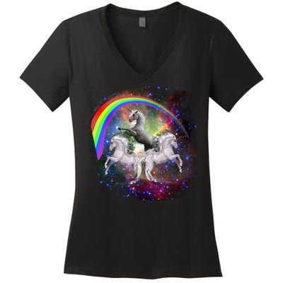 Three Unicorns Rainbow Women's V-Neck T-Shirt