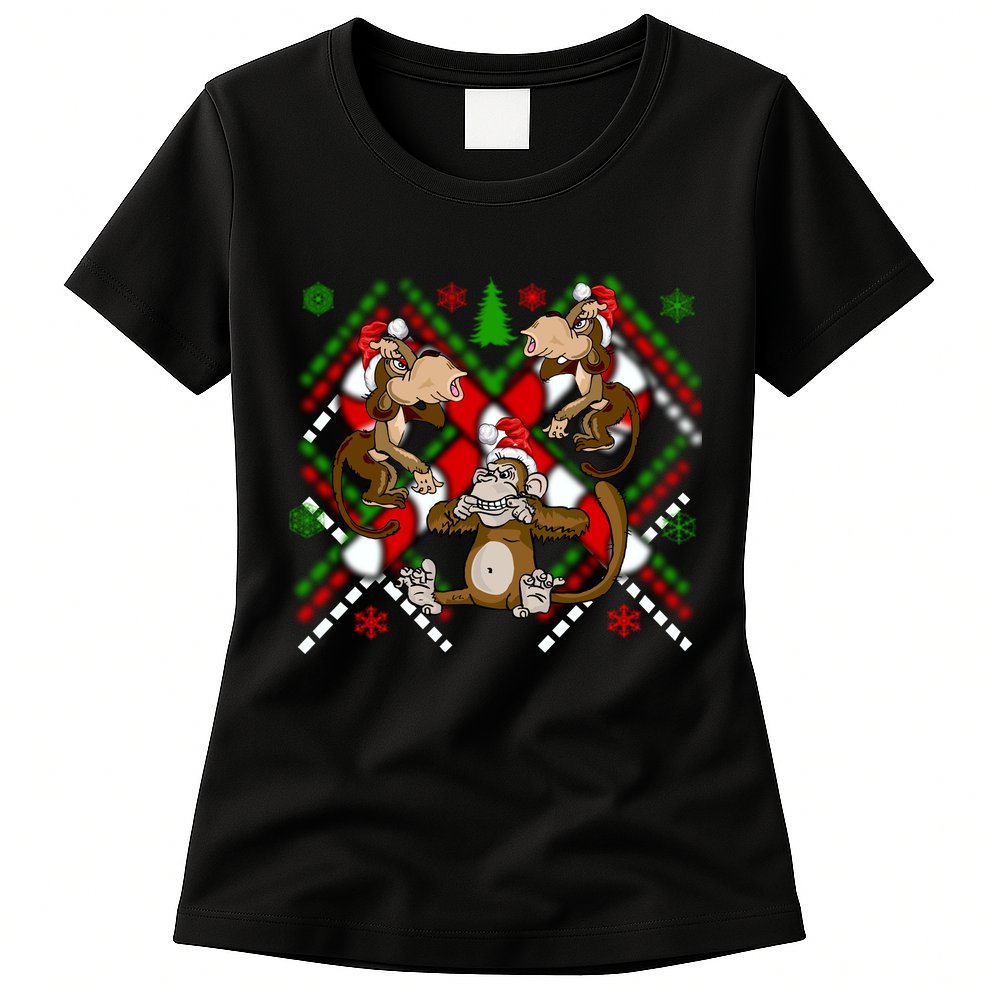 Three Wise Monkey Ugly Christmas Sweater Womens T-Shirt