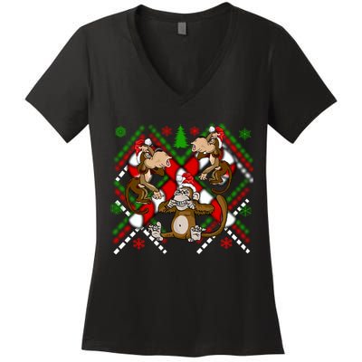 Three Wise Monkey Ugly Christmas Sweater Women's V-Neck T-Shirt