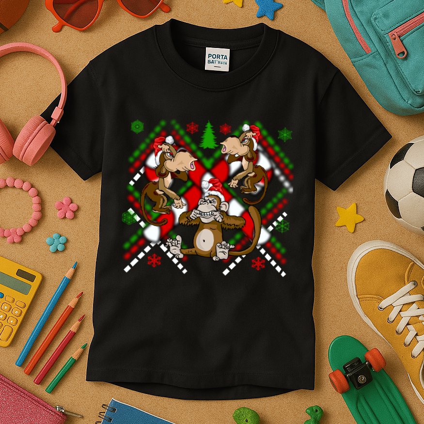 Three Wise Monkey Ugly Christmas Sweater Kids T-Shirt