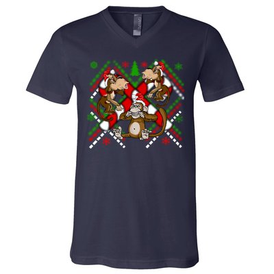 Three Wise Monkey Ugly Christmas Sweater V-Neck T-Shirt