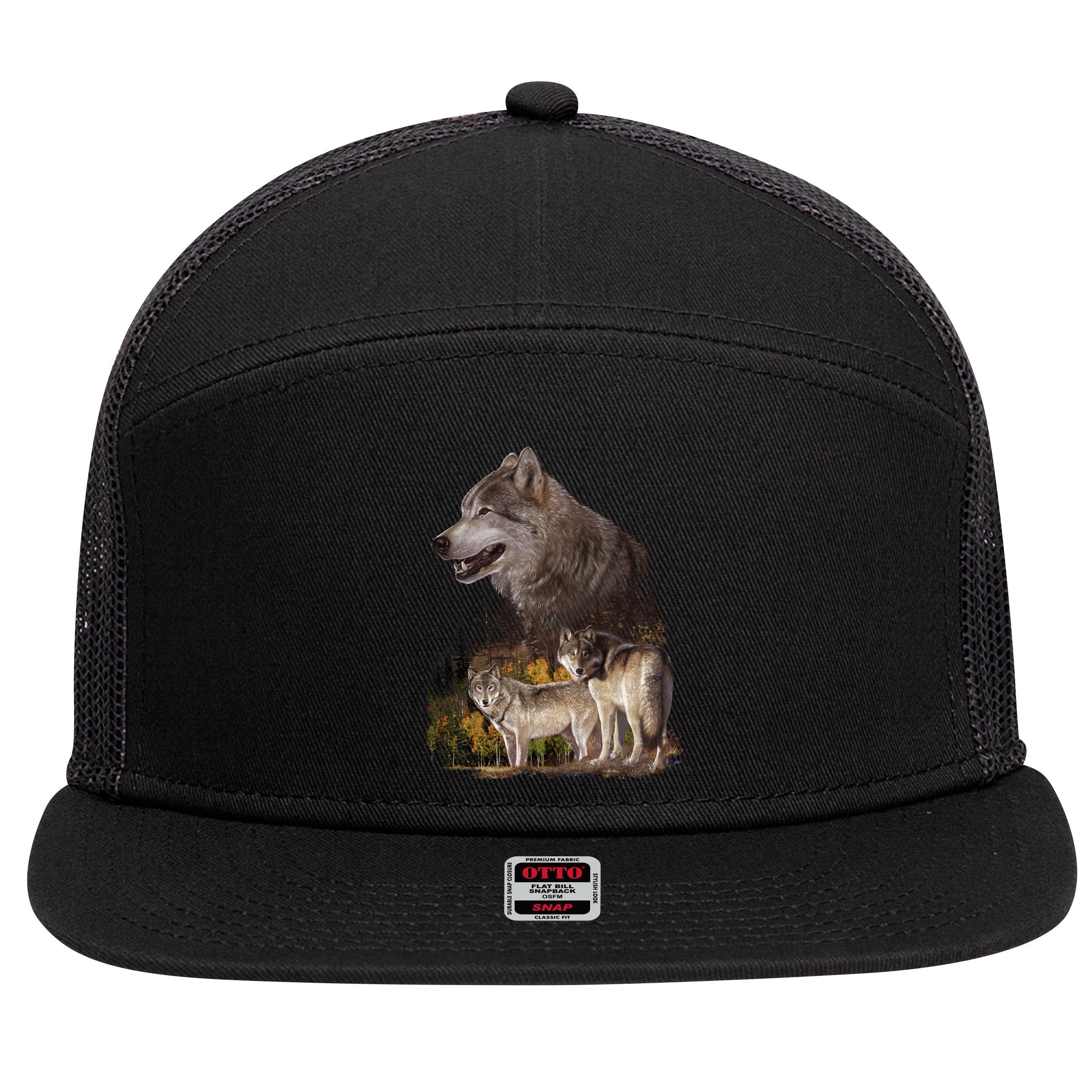 Three Wolf Collage 7 Panel Mesh Trucker Snapback Hat