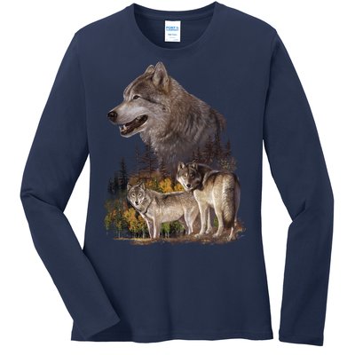 Three Wolf Collage Ladies Long Sleeve Shirt