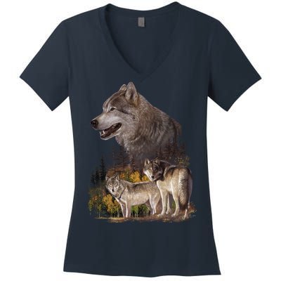 Three Wolf Collage Women's V-Neck T-Shirt