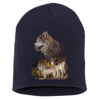 Three Wolf Collage Short Acrylic Beanie