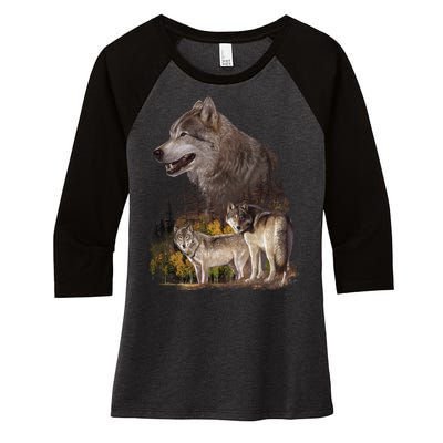 Three Wolf Collage Women's Tri-Blend 3/4-Sleeve Raglan Shirt