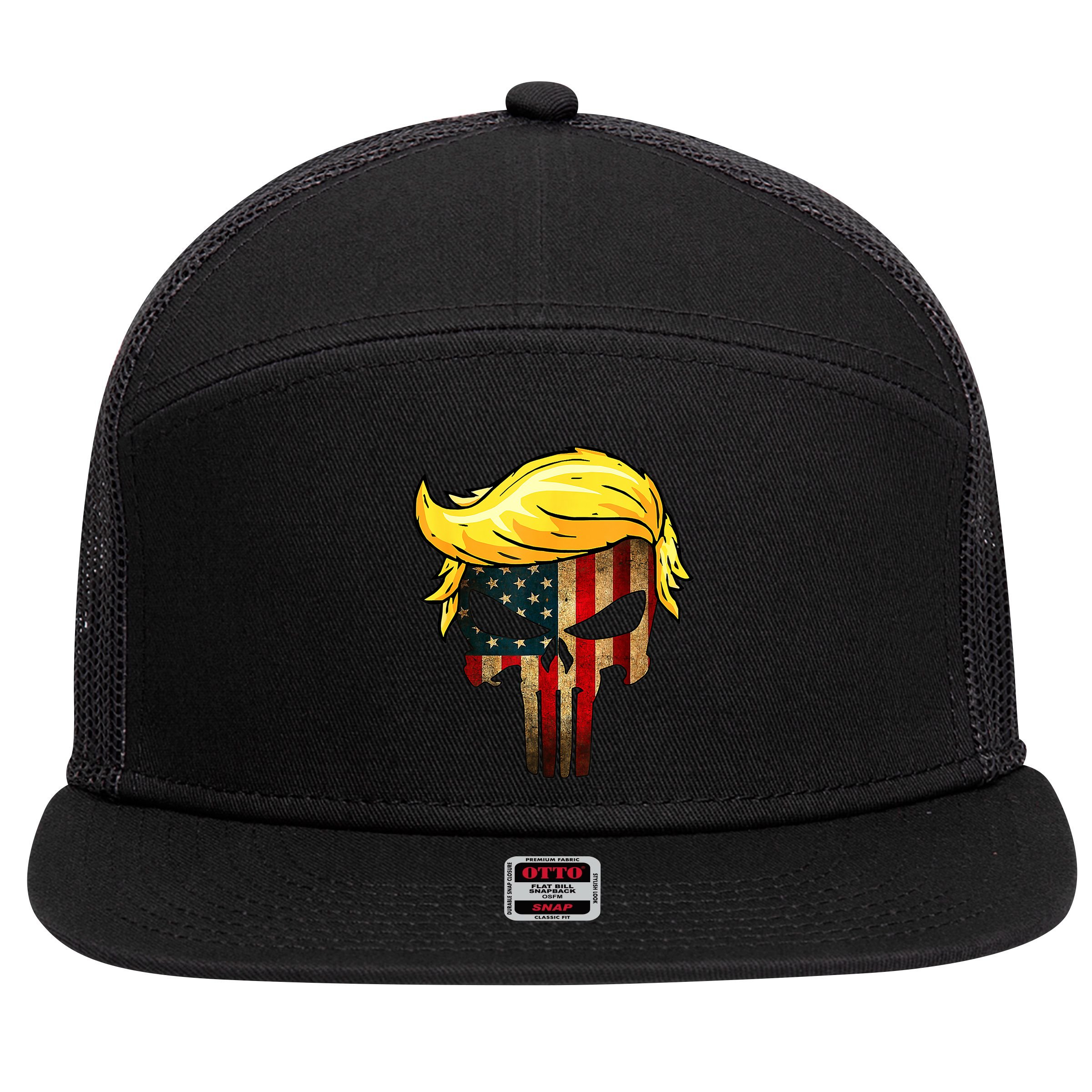 Trump Hair Skull 4th Of July US Flag Trump 7 Panel Mesh Trucker Snapback Hat