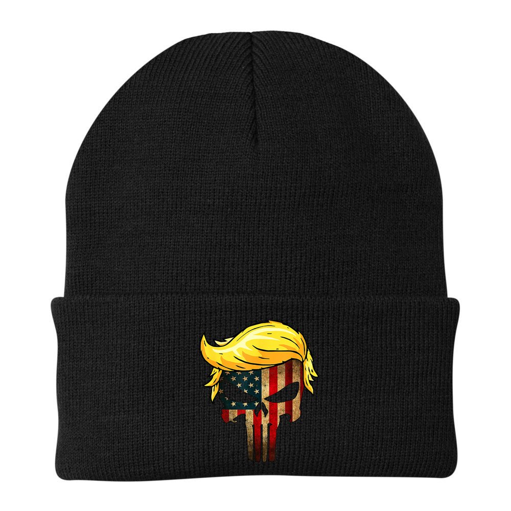 Trump Hair Skull 4th Of July US Flag Trump Beanie