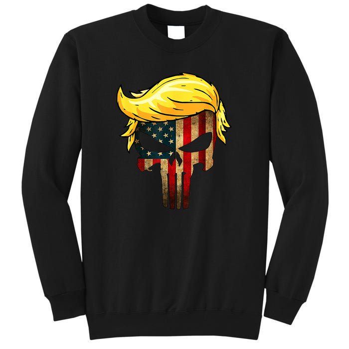 Trump Hair Skull 4th Of July US Flag Trump Tall Sweatshirt