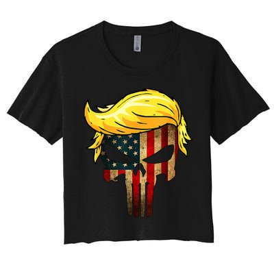 Trump Hair Skull 4th Of July US Flag Trump Women's Crop Top Tee