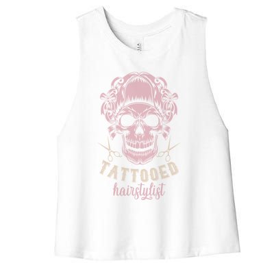 Tattooed Hair Stylist Inked Hairdresser Skull Hairstylist Funny Gift Women's Racerback Cropped Tank