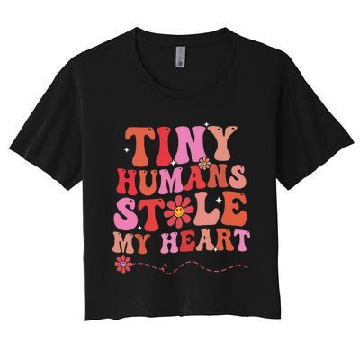 Tiny Humans Stole My Heart Groovy Valentine's Day L&D Nurse Women's Crop Top Tee