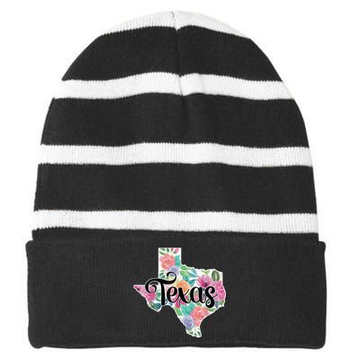 Texas Home State Pride Floral Vintage Texas Retro Flowers Striped Beanie with Solid Band