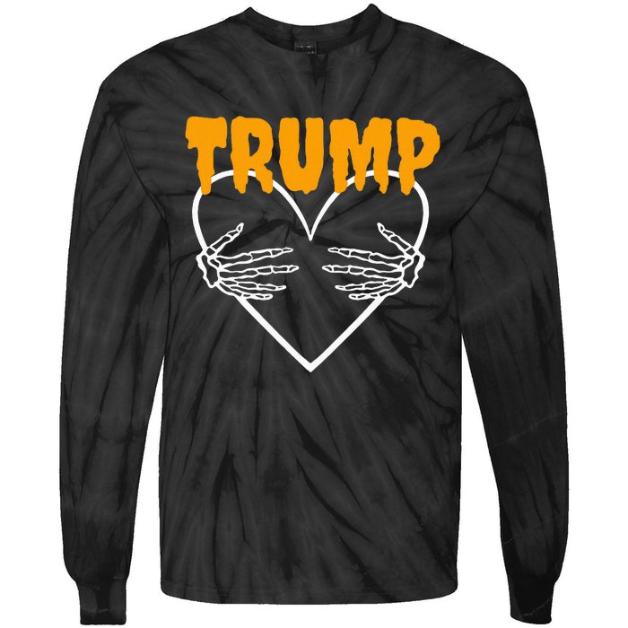 Trump Heart Skeleton Halloween Funny Skeleton Election 2024 Tie-Dye Long Sleeve Shirt