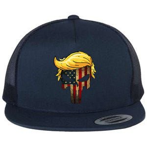 Trump Hair Skull 4th Of July Trump Us Flag Gift Flat Bill Trucker Hat