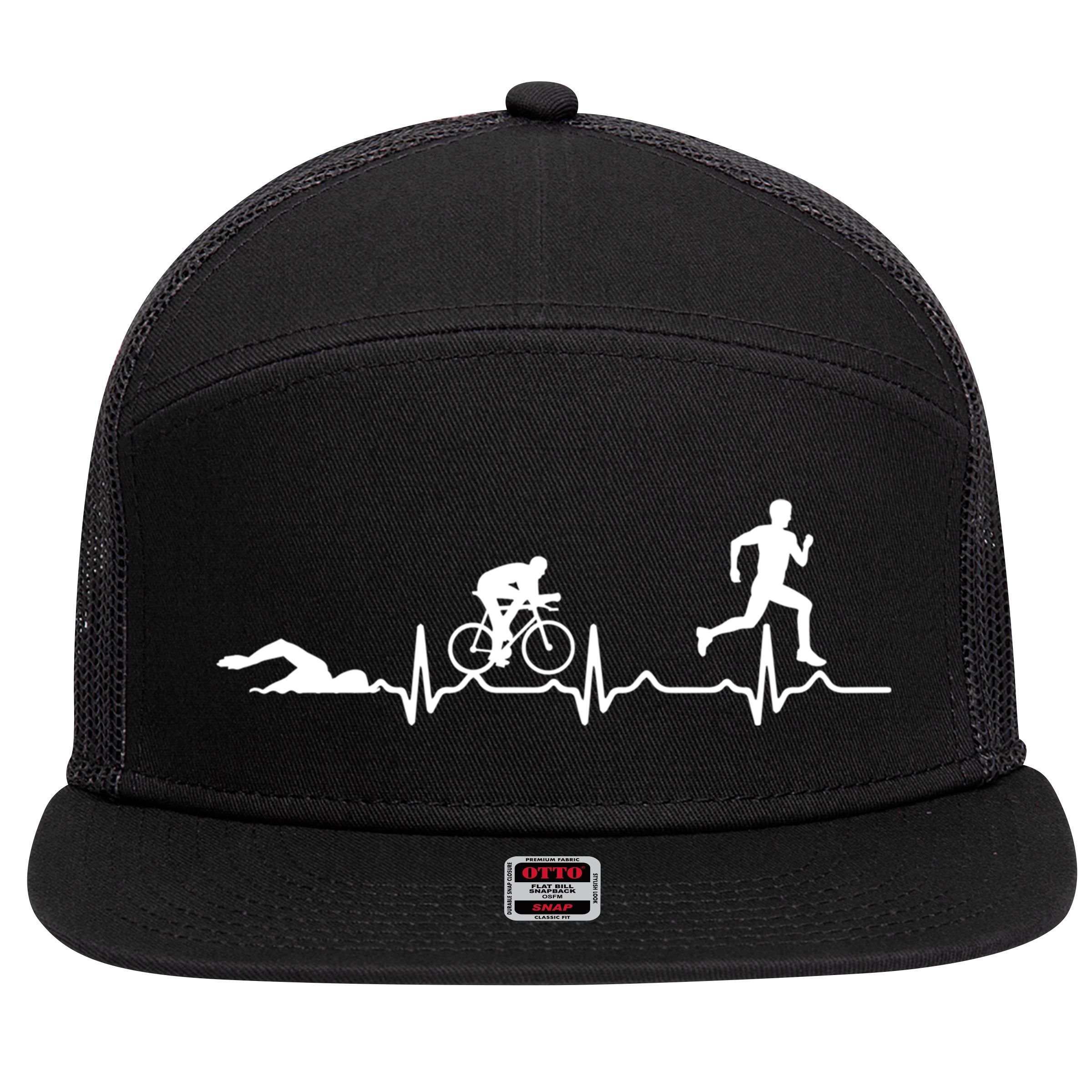 Triathlon Heartbeat Swim Cycle Run Athletes Cool Gift 7 Panel Mesh Trucker Snapback Hat