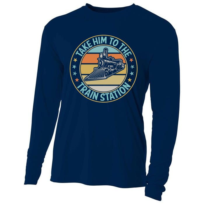 Take Him To The Train Station Funny Xmas Train Stationtrain Lover Cooling Performance Long Sleeve Crew