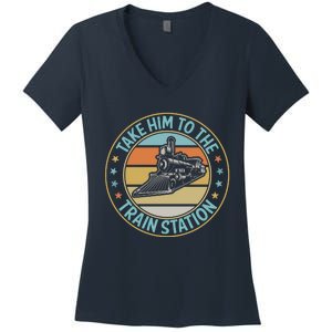 Take Him To The Train Station Funny Xmas Train Stationtrain Lover Women's V-Neck T-Shirt