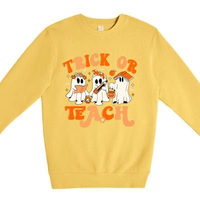 Teacher Halloween Trick Or Teach Retro Groovy Floral Ghost Premium Crewneck Sweatshirt