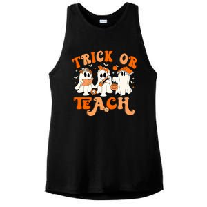 Teacher Halloween Trick Or Teach Retro Groovy Floral Ghost Ladies PosiCharge Tri-Blend Wicking Tank