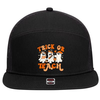 Teacher Halloween Trick Or Teach Retro Groovy Floral Ghost 7 Panel Mesh Trucker Snapback Hat