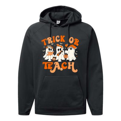 Teacher Halloween Trick Or Teach Retro Groovy Floral Ghost Performance Fleece Hoodie