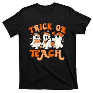 Teacher Halloween Trick Or Teach Retro Groovy Floral Ghost T-Shirt