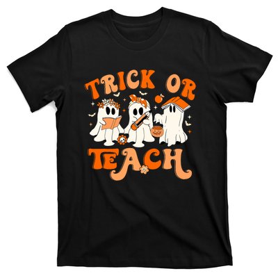 Teacher Halloween Trick Or Teach Retro Groovy Floral Ghost T-Shirt